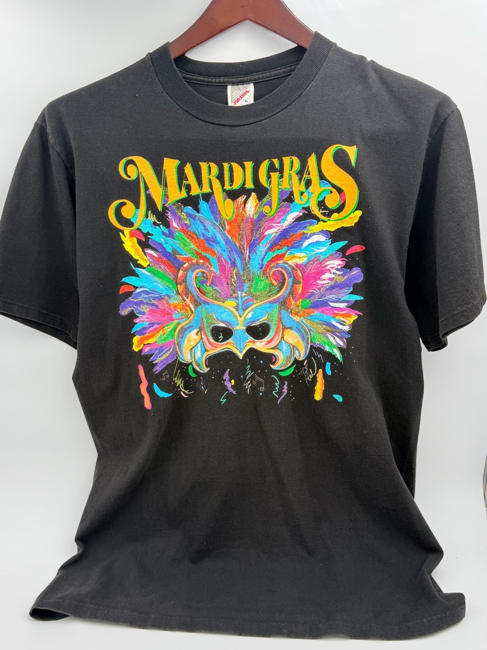 Jerzees Black Mardi Gras Graphic Tee with Multicolor Mask